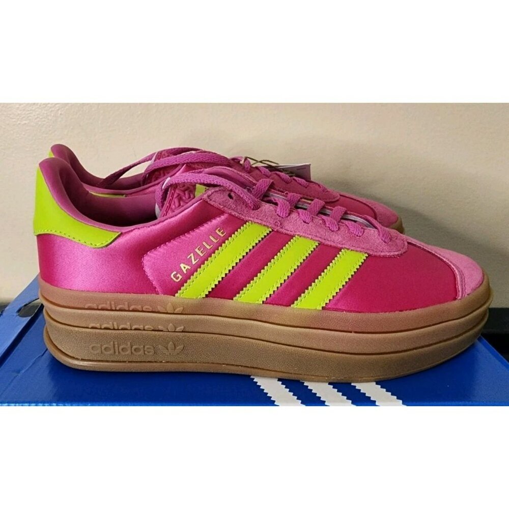 NIB Size 7 - Adidas Originals Gazelle Bold Lucid Fuchsia Solar Slime Satin Suede - Picture 3 of 10